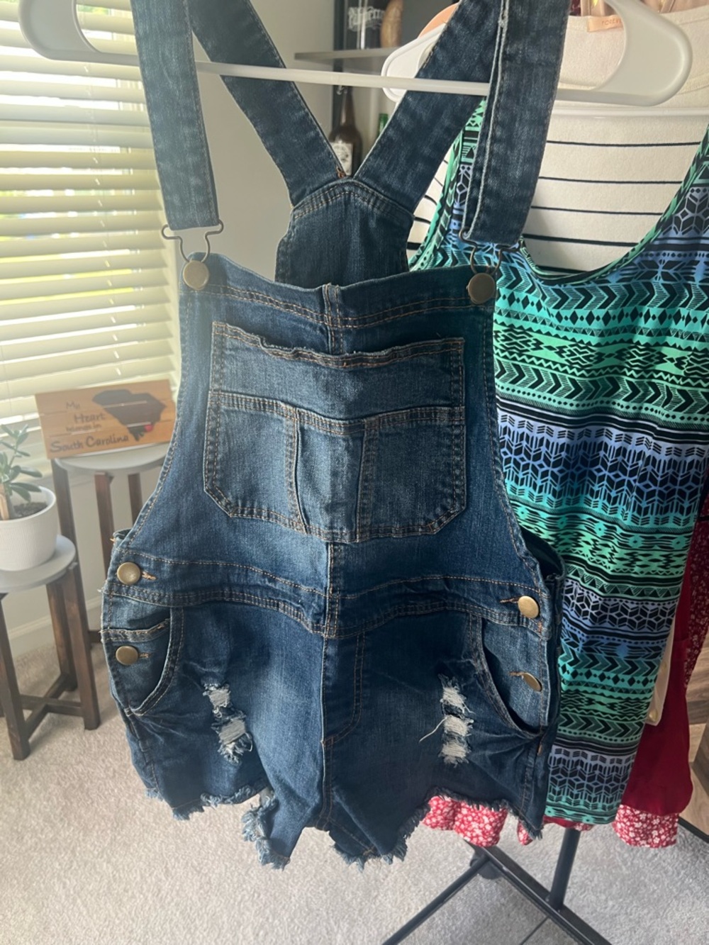 Dark Wash Distressed Denim Short Overalls